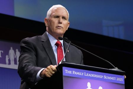 Former Vice President Mike Pence speaks during the Family Leadership Summit, Friday, July 16, 2021, in Des Moines, Iowa.