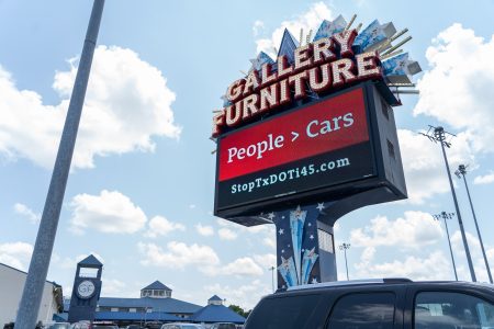 The outside of Gallery Furniture during the Stop TxDOT I-45 rally on August 7, 2021.