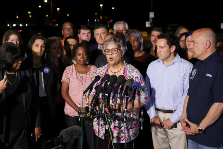 State Rep. Senfronia Thompson, D-Houston, spoke to the press last month after Democratic members of the Texas House of Representatives arrived at Dulles airport in Virginia.