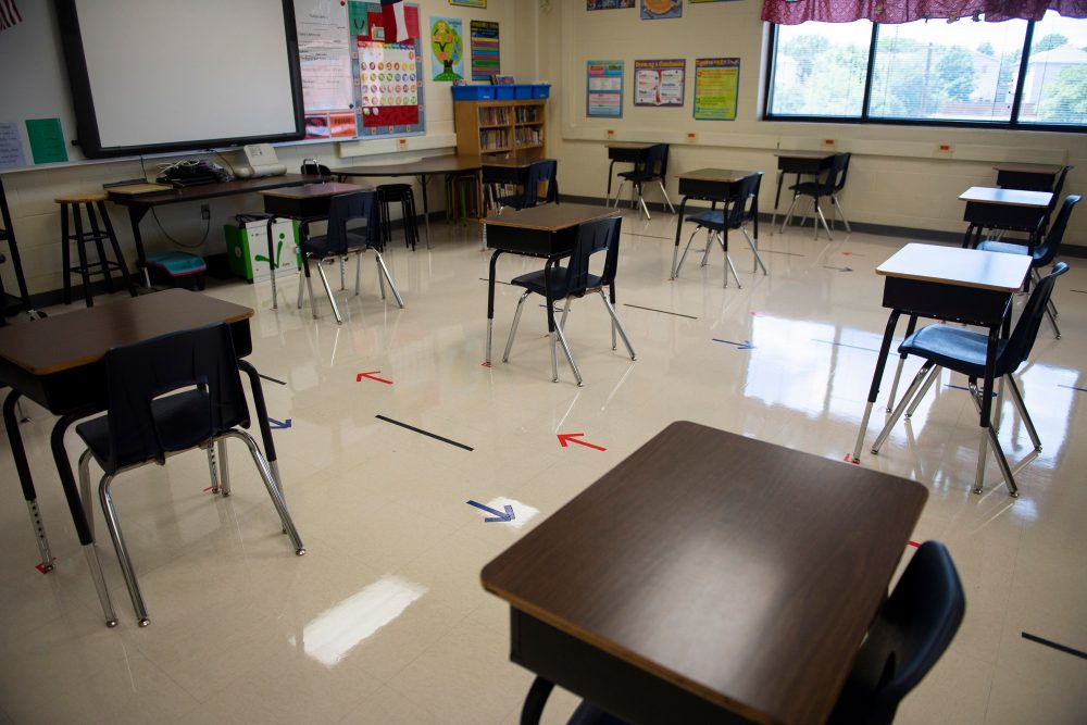 Desks are spaced out in a classroom at Ott Elementary School in San Antonio.