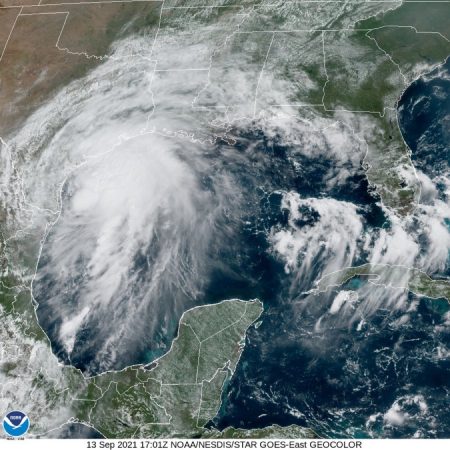A satellite image shows Tropical Storm Nicholas in the Gulf of Mexico on Monday, Sept. 13, 2021.