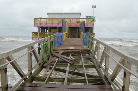 Damage to the 61st Street fishing pier in Galveston from Tropical Storm Nicholas, on Sept. 14, 2021.