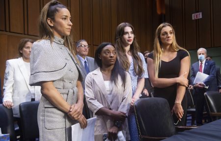 United States gymnasts from left, Aly Raisman, Simone Biles, McKayla Maroney and Maggie Nichols, leave after testifying at a Senate Judiciary hearing about the Inspector General's report on the FBI's handling of the Larry Nassar investigation on Capitol Hill, Wednesday, Sept. 15, 2021, in Washington. Nassar was charged in 2016 with federal child pornography offenses and sexual abuse charges in Michigan. He is now serving decades in prison after hundreds of girls and women said he sexually abused them under the guise of medical treatment when he worked for Michigan State and Indiana-based USA Gymnastics, which trains Olympians.
