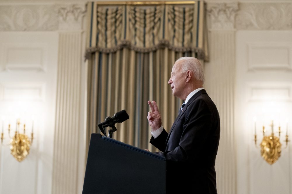 President Joe Biden speaks in the State Dining Room at the White House, Thursday, Sept. 9, 2021, in Washington. Biden is announcing sweeping new federal vaccine requirements affecting as many as 100 million Americans in an all-out effort to increase COVID-19 vaccinations and curb the surging delta variant. (AP Photo/Andrew Harnik)