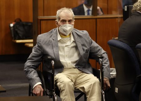 Robert Durst in his wheelchair spins in place as he looks at people in the courtroom as he appears in a courtroom in Inglewood, Calif. on Wednesday, Sept. 8, 2021, with his attorneys for closing arguments presented by the prosecution in the murder trial of the New York real estate scion who is charged with the longtime friend Susan Berman's killing in Benedict Canyon just before Christmas Eve 2000.