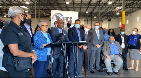 Bishop James Dixon speaks at an event with faith and civic leaders at the National Association of Christian Churches in north Houston Friday, Sept. 24, 2021.