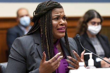 Rep. Cori Bush, D-Mo., testifies about making her decision to have an abortion after being raped, Thursday, Sept. 30, 2021, during a House Committee on Oversight and Reform hearing on Capitol Hill in Washington.