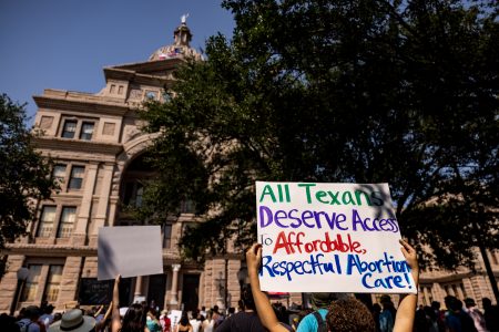 Abortion rights activists rally at the Texas State Capitol on Sept. 11 in Austin in opposition to a restrictive new abortion law.