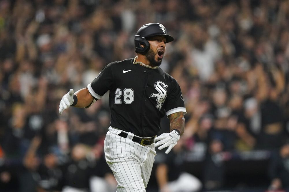 Chicago White Sox's Leury Garcia rounds the bases after hitting a three-run home run against the Houston Astros in the third inning during Game 3 of a baseball American League Division Series Sunday, Oct. 10, 2021, in Chicago.