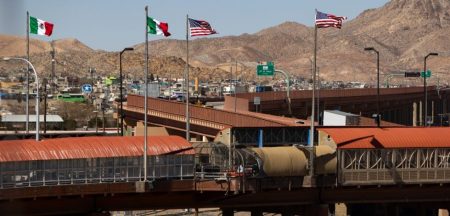 The Paso del Norte Bridge seen from Ciudad Juárez’s Presidencia Municipal, with New Mexico’s Mount Cristo Rey in the background.