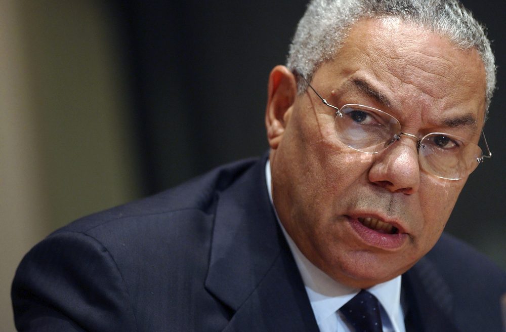 FILE - U.S. Secretary of State Colin Powell speaks during a news conference at the United Nations headquarters Friday, Sept. 26, 2003. Powell, former Joint Chiefs chairman and secretary of state, has died from COVID-19 complications. In an announcement on social media Monday, Oct. 18, 2021 the family said Powell had been fully vaccinated. He was 84.
