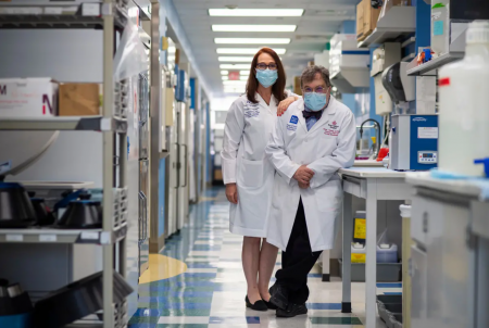 Maria Bottazzi, left, and Peter Hotez at the Tropical Medicine Lab at Texas Children's Hospital Center for Vaccine Development in Houston on Oct. 5, 2021.
