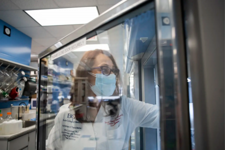 Maria Bottazzi replaces vials of the RBD-based SARS-CoV-2 vaccine into a freezer at the Tropical Medicine Lab at Texas Children's Hospital Center for Vaccine Development in Houston on Oct. 5, 2021.