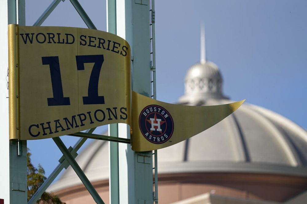 The Houston Astros World Series banner is seen Monday, Oct. 25, 2021, in Houston. The Astros face the Atlanta Braves in Game 1 of baseball's World Series tomorrow.