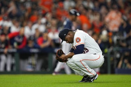 Houston Astros' Framber Valdez reacts after loading the bases during the second inning of Game 1 in baseball's World Series between the Houston Astros and the Atlanta Braves Tuesday, Oct. 26, 2021, in Houston.