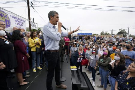 Democrat Beto O’Rourke, center, talks with supporters during a campaign stop, Tuesday, Nov. 16, 2021, in San Antonio. O’Rourke announced Monday that he will run for Texas governor.
