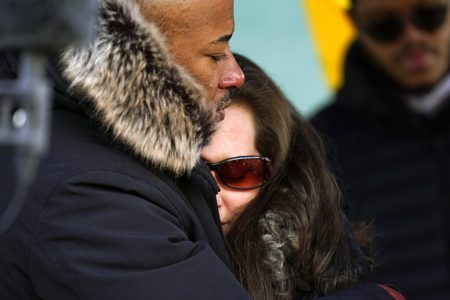 Bishop Tavis Grant consoles Kariann Swart, fiancée of Joseph Rosenbaum, Friday, Nov. 19, 2021, in Kenosha, Wis. Kyle Rittenhouse was acquitted of all charges after pleading self-defense in the deadly Kenosha shootings that became a flashpoint in the nation's debate over guns, vigilantism and racial injustice.