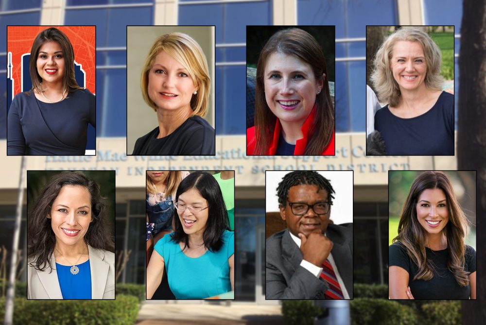 Clockwise from top left are HISD board candidates Elizabeth Santos, Bridget Wade, Holly Flynn Vilaseca, Sue Deigaard, Caroline Walter, Kendall Baker, Anne Sung, and Janette Garza Lindner.