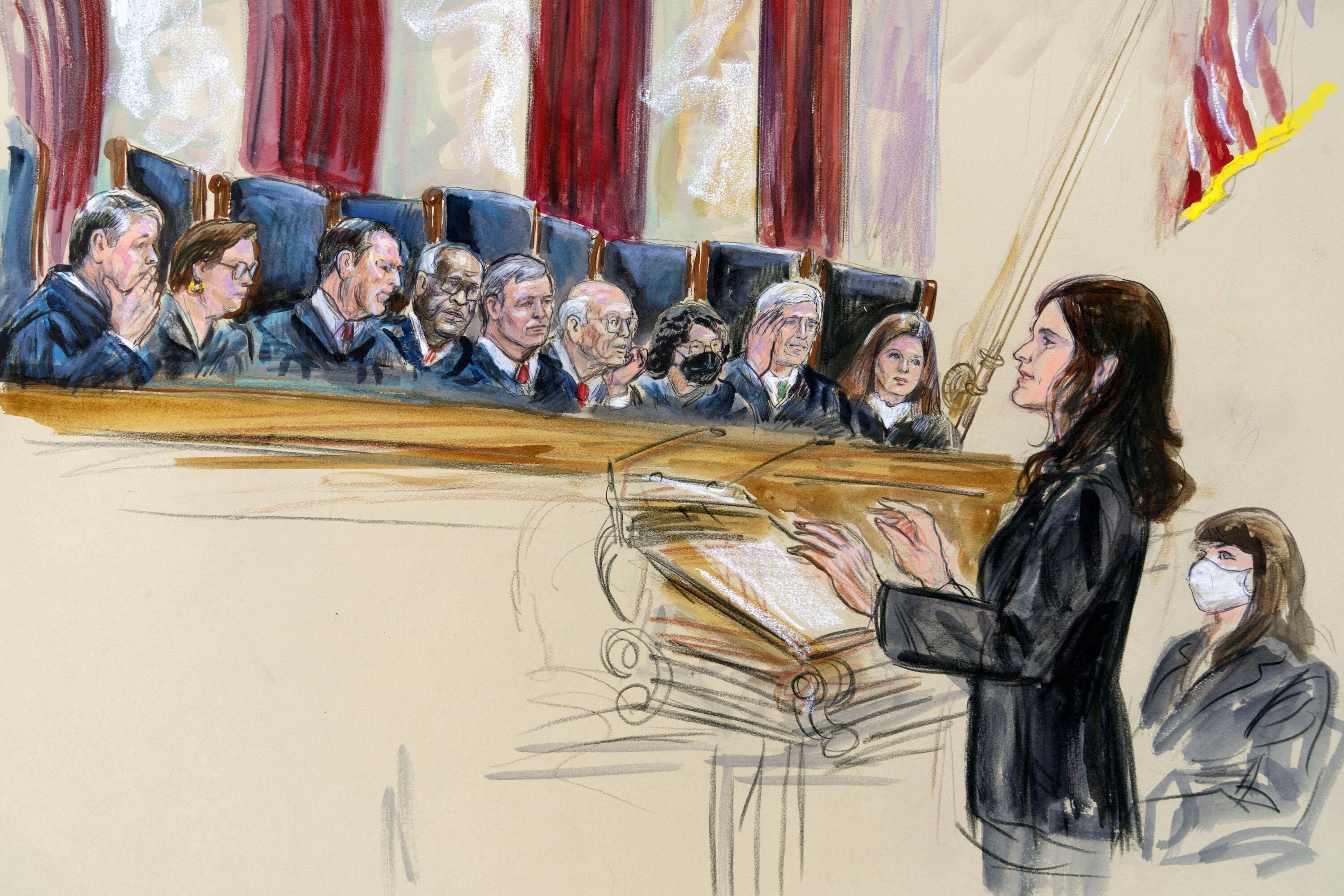 This artist sketch depicts Mississippi Solicitor General Scott Stewart,  standing while speaking to the Supreme Court on Wednesday. Center for  Reproductive Rights Litigation Director Julie Rikelman is seated right. -  Alaska Public