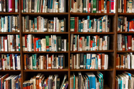 A photo of books on bookshelves