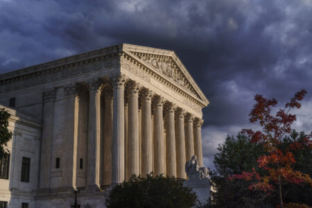 The Supreme Court is seen at dusk in Washington, Oct. 22, 2021. (