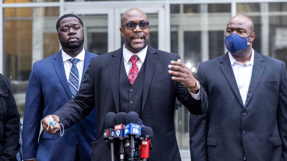 Philonise Floyd, George Floyd's brother, speaks during a press conference outside the U.S. District Court in St. Paul, Minn., on Wednesday, after Derek Chauvin pleaded guilty to federal civil rights charges in George Floyd's murder.