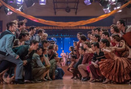 Members of the Jets and the Sharks square off at the dance in West Side Story