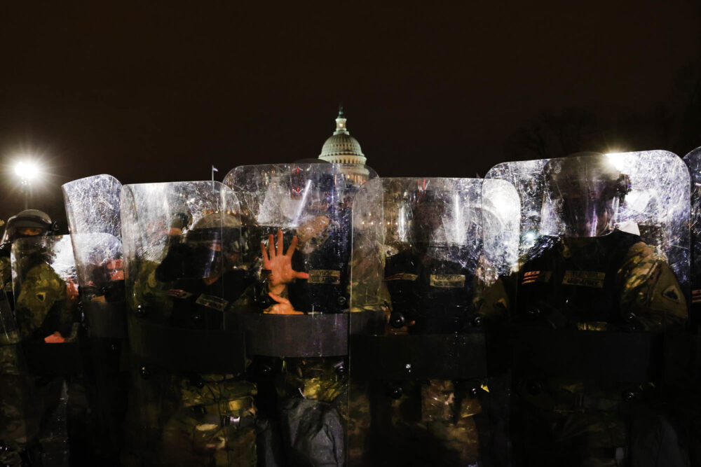 Members of the National Guard and the Washington D.C. police keep a group of demonstrators away from the U.S. Capitol on Jan. 6, 2021 in Washington, D.C.