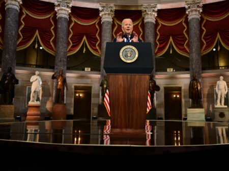 President Joe Biden speaks at the Capitol on Jan. 6, 2022, to mark the anniversary of the attack on the Capitol in Washington, D.C.