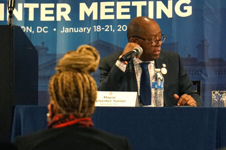 Mayor Sylvester Turner at the U.S. Conference of Mayors in Washington, D.C., Jan. 19, 2022. Turner gave comments urging the passge of voting rights legislation in the U.S. Senate.