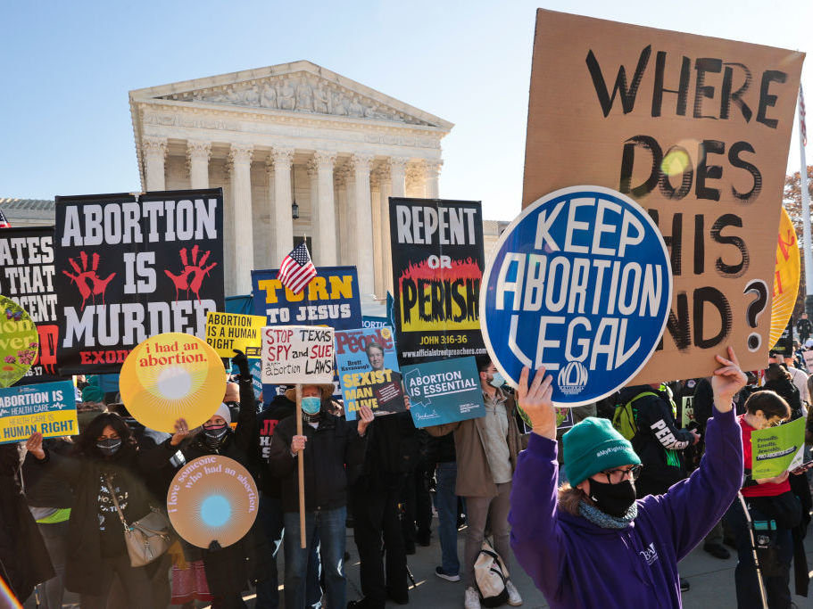 Demonstrators gathered in front of the U.S. Supreme Court as the justices heard arguments in Dobbs v. Jackson Women's Health, a case about a Mississippi law that bans most abortions after 15 weeks, on December 01, 2021. Experts believe a ruling on this case could undermine or overturn Roe v. Wade.