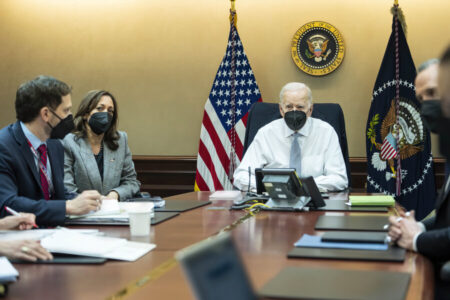 In this image provided by The White House, President Joe Biden and Vice President Kamala Harris and members of the President's national security team observe from the Situation Room at the White House in Washington, on Wednesday, Feb. 2, 2022, the counterterrorism operation responsible for removing from the battlefield Abu Ibrahim al-Hashimi al-Qurayshi, the leader of the Islamic State group.