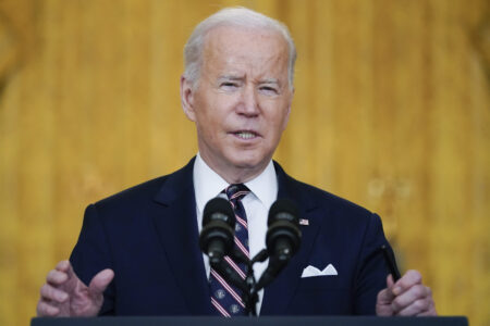President Joe Biden speaks about Ukraine at the White House on Tuesday. He said Russian President Vladimir Putin's recognition of breakaway republics in two Ukrainian oblasts is a "flagrant violation of international law."