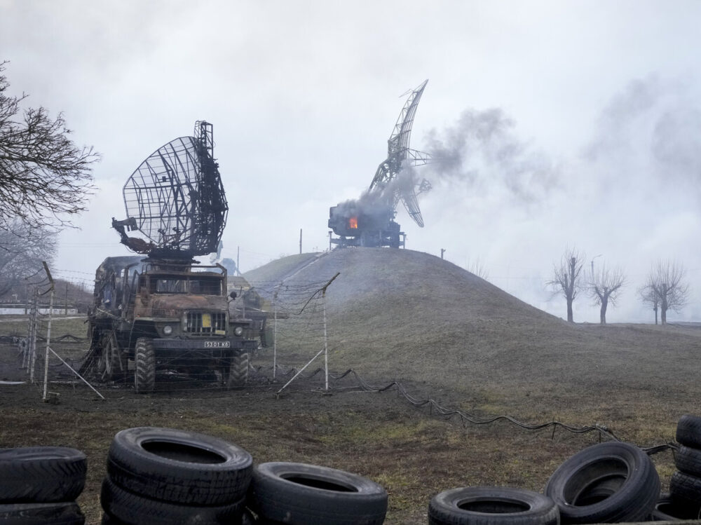 Damaged radar arrays and other equipment is seen at Ukrainian military facility outside Mariupol, Ukraine, Thursday, Feb. 24, 2022. Russia has launched a barrage of air and missile strikes on Ukraine early Thursday and Ukrainian officials said that Russian troops have rolled into the country from the north, east and south.