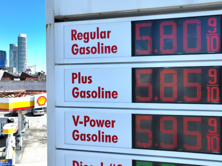 A sign shows gas prices at a Shell station in San Francisco on Feb. 23. Gas prices could rise further as crude prices surge following Russia's invasion of Ukraine.