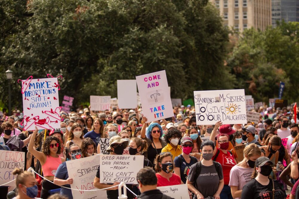 Demonstrators rally against the state's strict new abortion law, at the Capitol on Oct. 2.
