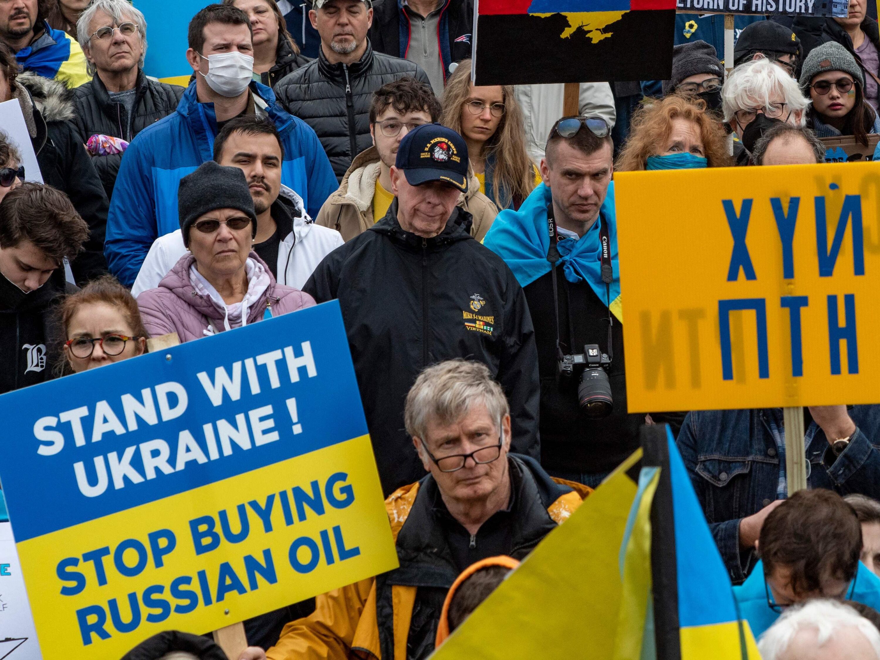 Protesters in Boston call for a ban on Russian oil at a rally for Ukraine on March 6.