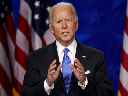 Democratic presidential nominee Joe Biden delivers his acceptance speech on the fourth night of the Democratic National Convention from the Chase Center on August 20, 2020 in Wilmington, Delaware. The convention, which was once expected to draw 50,000 people to Milwaukee, Wisconsin, is now taking place virtually due to the coronavirus pandemic.