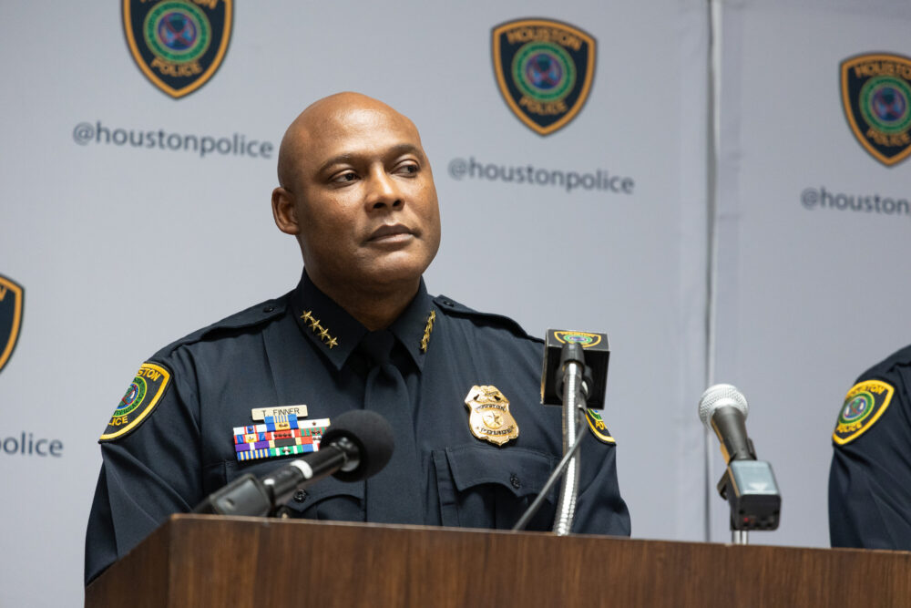FILE: Houston Police Chief Troy Finner stands in front of a podium on March 14, 2022. The chief was announcing the reinstatement of four police officers fired for the shooting death of Nicolas Chavez in 2020.