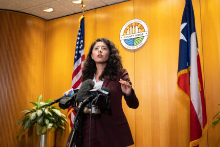 Harris County Judge Lina Hidalgo fields questions after unsealed court documents alleged that staff members in Hidalgo’s office steered an $11 million contract for a COVID-19 outreach project to a preferred vendor. Taken on March 22, 2022.