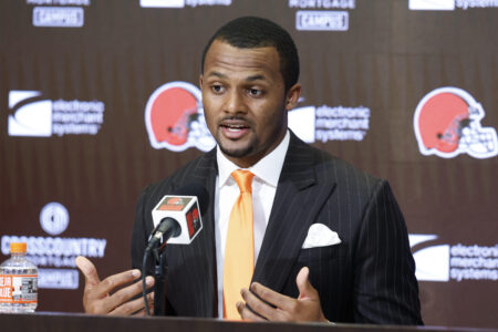 Cleveland Browns new quarterback Deshaun Watson speaks during a news conference at the NFL football team's training facility, Friday, March 25, 2022, in Berea, Ohio.