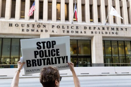A protest was held outside of the Houston Police Department on March 16, 2022.