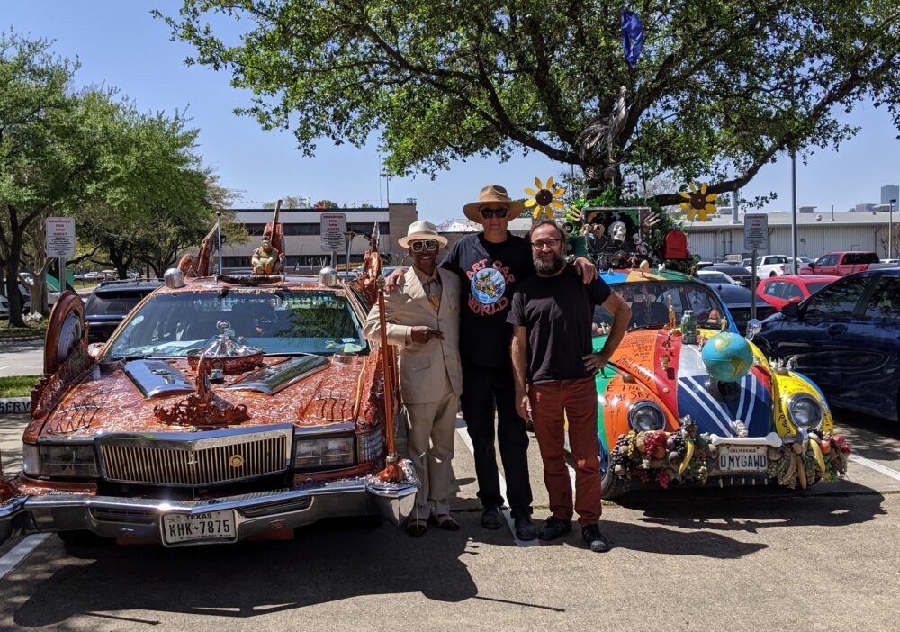 L-R: Art car artists Rickey Polidore and Harrod Blank and art car historian Pete Gershon at Houston Public Media
