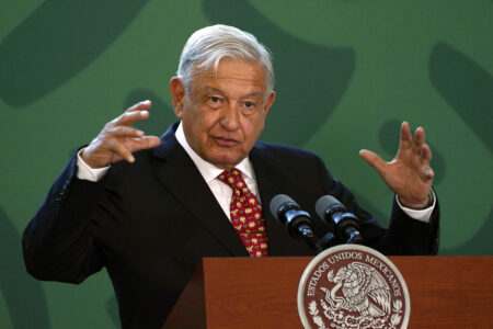 Mexican President Andres Manuel Lopez Obrador gives his daily, morning press conference during the inauguration of the Felipe Angeles International Airport (AIFA), north of Mexico City, Monday, March 21, 2022.