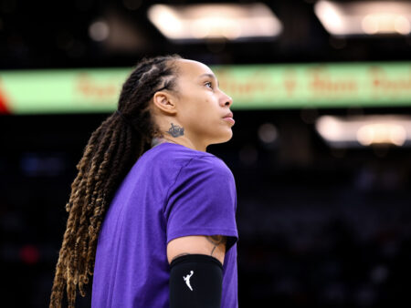 PHOENIX, ARIZONA - OCTOBER 10: Brittney Griner #42 of the Phoenix Mercury durring pregame warmups at Footprint Center on October 10, 2021 in Phoenix, Arizona. NOTE TO USER: User expressly acknowledges and agrees that, by downloading and or using this photograph, User is consenting to the terms and conditions of the Getty Images License Agreement. (Photo by Mike Mattina/Getty Images)