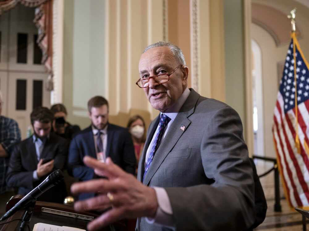 Senate Majority Leader Chuck Schumer, D-N.Y., speaks to reporters ahead of a procedural vote on Wednesday to essentially codify Roe v. Wade, at the Capitol in Washington, Tuesday, May 10, 2022. (AP Photo/J. Scott Applewhite)