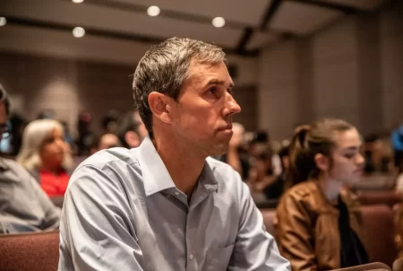 Democratic candidate for governor Beto O'Rourke watches a press conference held by Gov. Greg Abbott and other statewide and local Republicans at Uvalde High School on Wednesday, May 25, 2022.