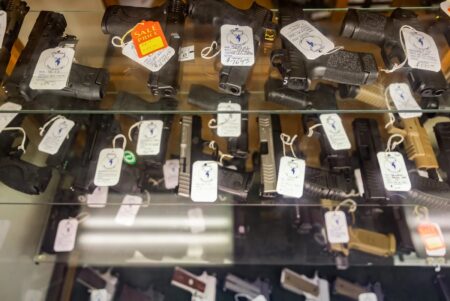 Hundreds of handguns and rifles for sale at McBride’s Gun’s in Central Austin on April 20, 2021. Several conservative donors, including many who have contributed to Gov. Greg Abbott's campaigns, have signed an open letter calling on Congress to address gun violence.