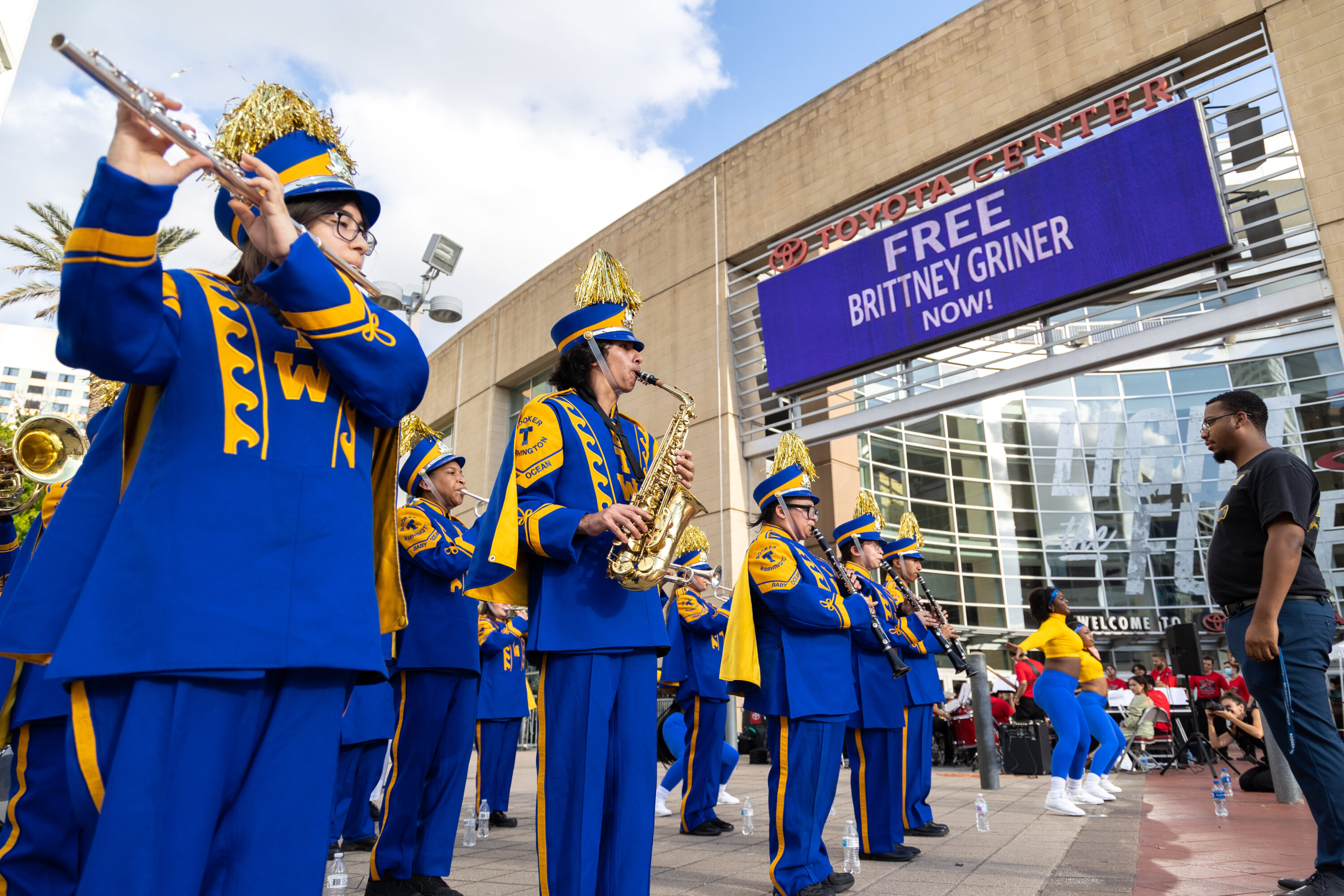 The Booker T. Washington High School band plays outside the Toyota Center during a rally on June 6, 2022 demanding WNBA player Brittney Griner be freed from Russian captivity. 