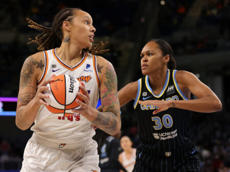 CHICAGO, ILLINOIS - OCTOBER 17: Brittney Griner #42 of the Phoenix Mercury is defended by Azurá Stevens #30 of the Chicago Sky during the first half of Game Four of the WNBA Finals at Wintrust Arena on October 17, 2021 in Chicago, Illinois. NOTE TO USER: User expressly acknowledges and agrees that, by downloading and or using this photograph, User is consenting to the terms and conditions of the Getty Images License Agreement. (Photo by Stacy Revere/Getty Images)